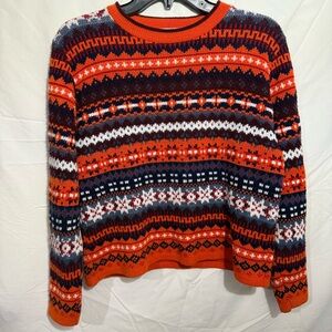 Vintage Adele Fair Isle Crew Neck Sweater in Orange and Navy Made in USA Size L
